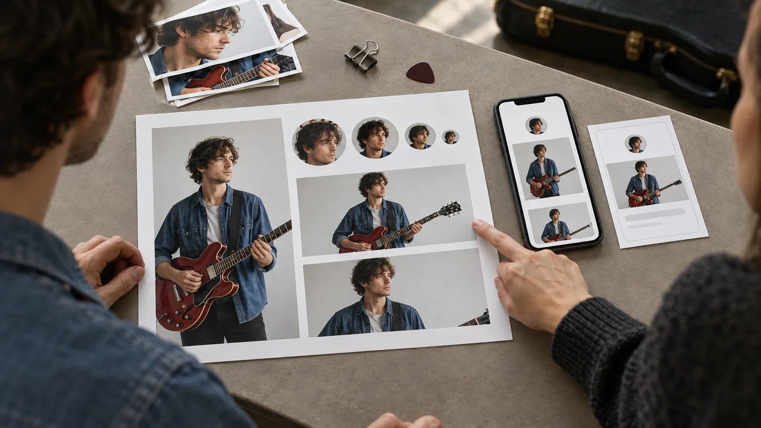 AI generated editorial image of two people comparing a musician’s circular avatar and wide preview crops on a paper proof sheet beside a smartphone showing the selected images.