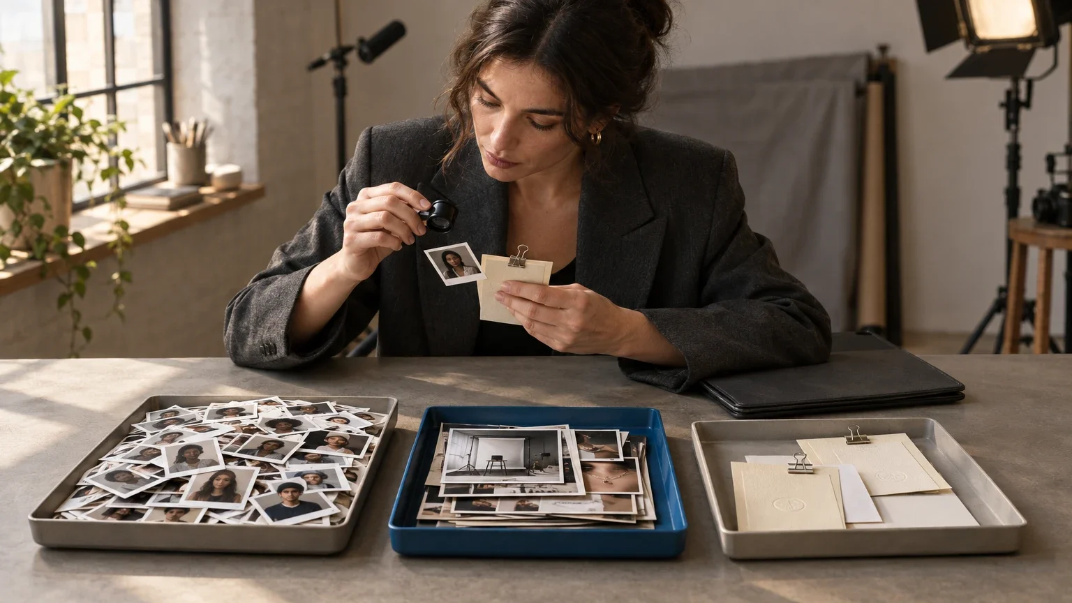 AI generated editorial image of a creator manager comparing follower portraits, content photographs and payment records in separate trays before approving a report.