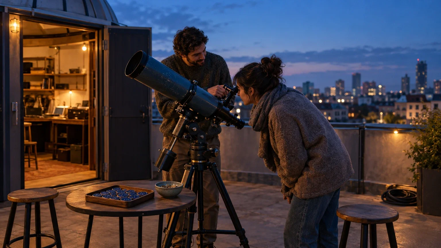 AI generated editorial image of an astronomy creator adjusting a telescope for a visitor beside a table with constellation tokens and a small contribution bowl on a rooftop at dusk.
