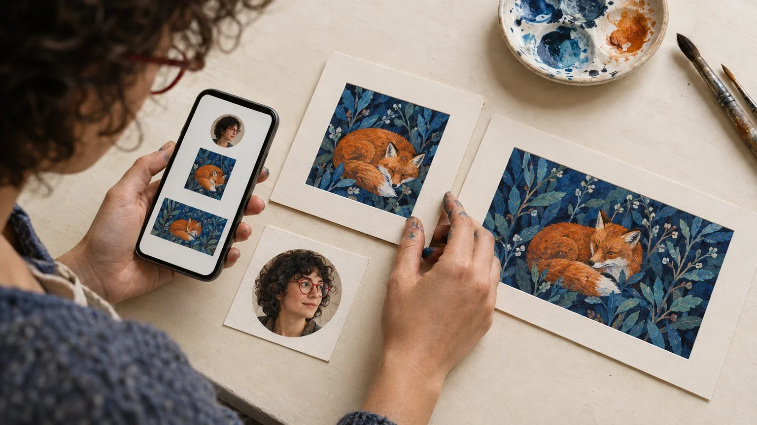 AI generated editorial image of an illustrator comparing a small phone portrait, artwork thumbnail and landscape preview with differently cropped prints on a studio table.