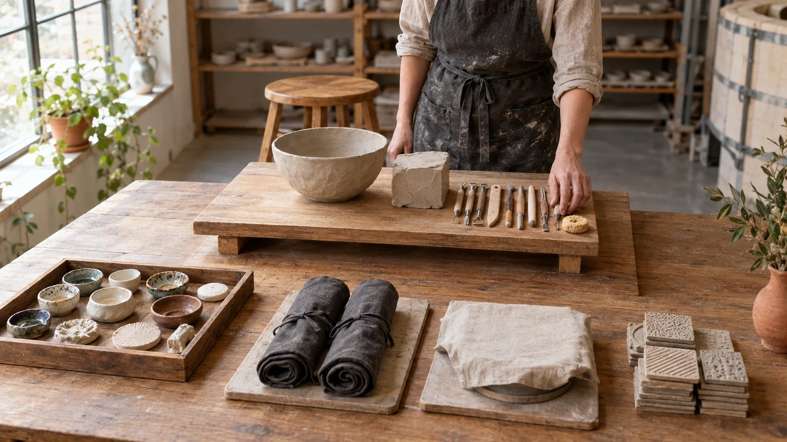 AI generated editorial image of a ceramicist arranging a workshop welcome table with a raised bowl-and-tool display and smaller groups of samples, participant aprons and takeaway texture tiles.
