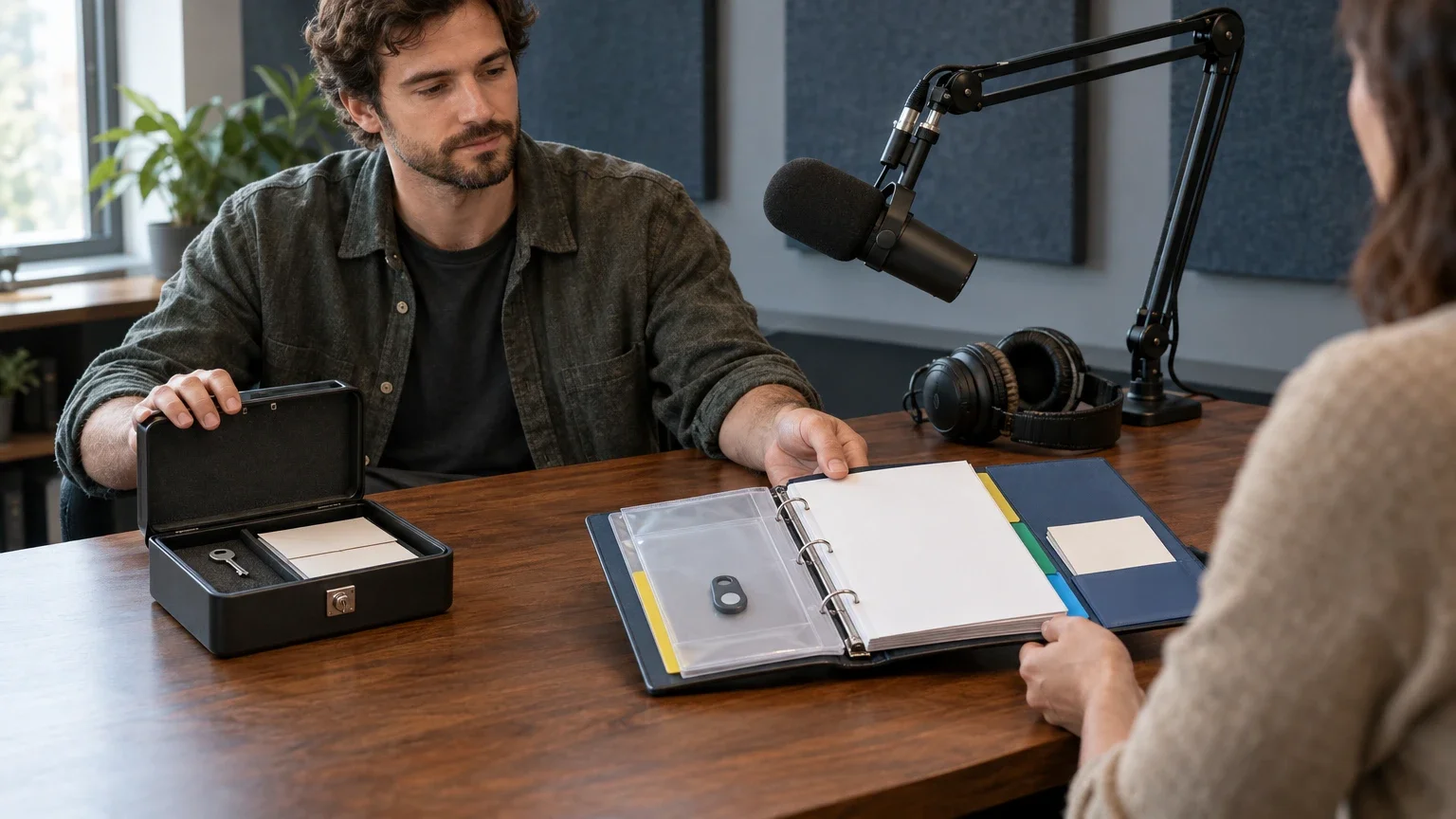AI generated editorial image of a podcaster retaining a lockbox with a security key while passing a blank handover binder to a colleague beside a studio microphone.