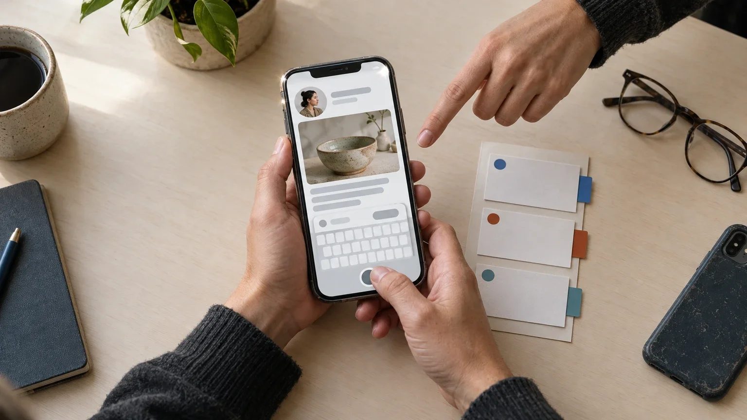 AI generated editorial image of two people checking a creator page on a smartphone, with a thumb near a control, an open keyboard crowding the screen, and three blank issue cards beside it.