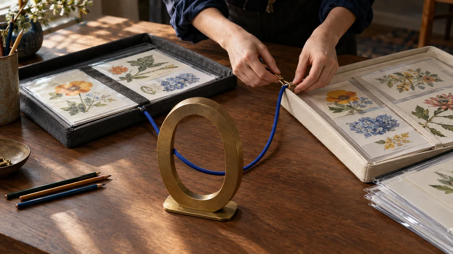 AI generated editorial image of an illustrator moving a blue cord between two art presentation cases behind a fixed brass oval frame on a studio table.