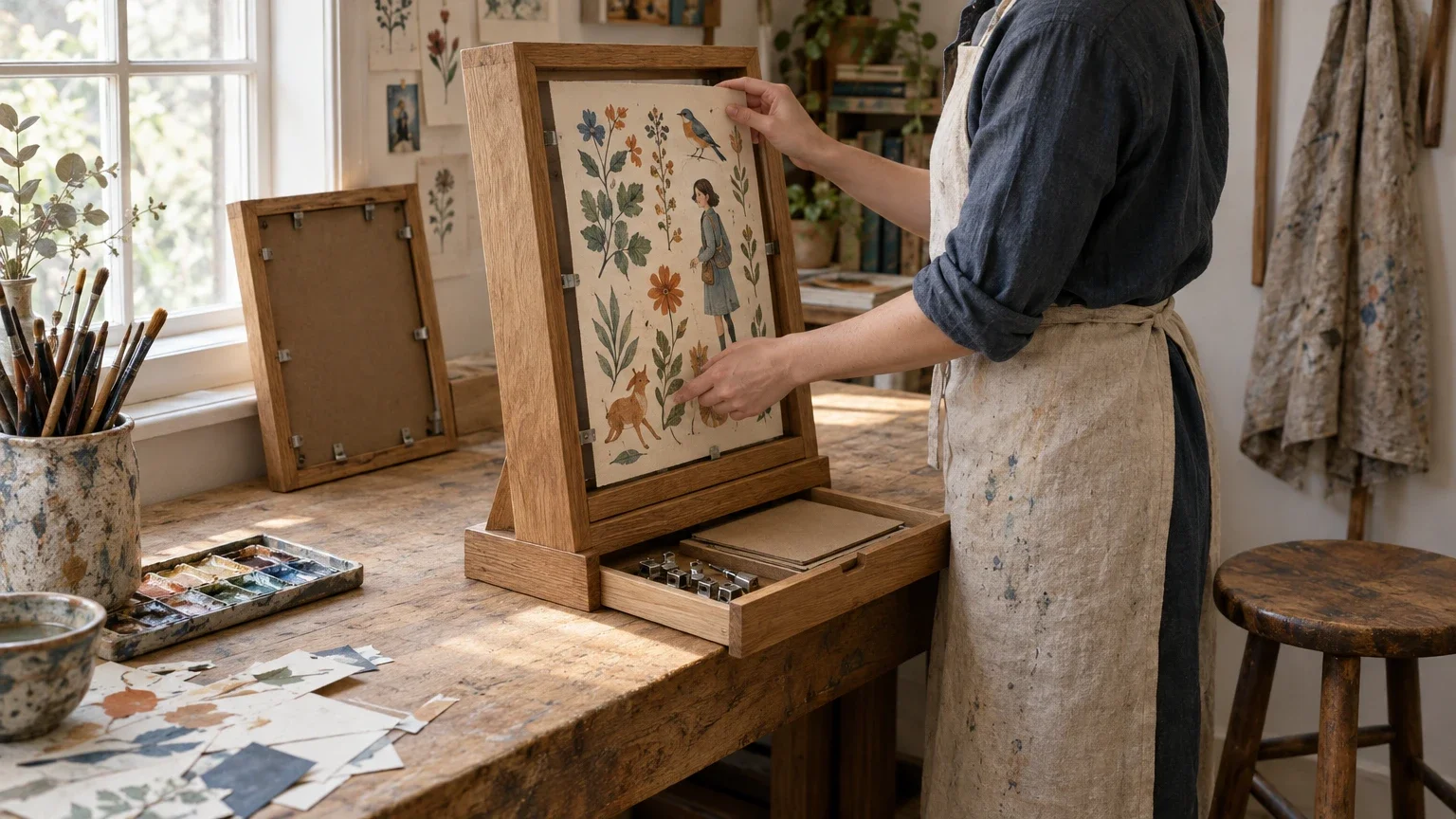 AI generated editorial image of an illustrator fitting a panel of artwork into a freestanding wooden display, with spare mounting tools, an older display board and an empty stool nearby.