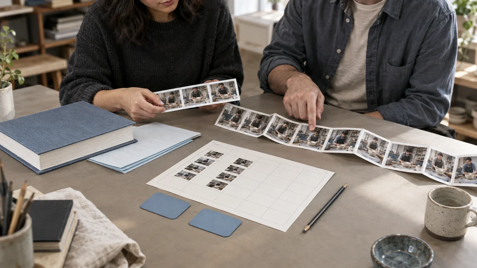 AI generated editorial image of a creator and manager comparing a short chapter excerpt with a full manuscript and selected workshop stills with a longer sequence.