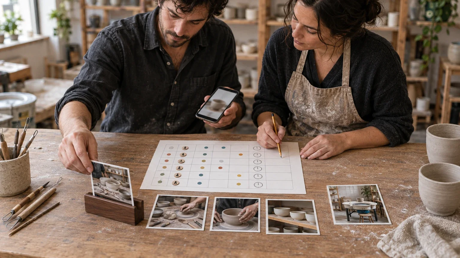AI generated editorial image of two ceramics educators coordinating a workshop launch with a shared planning sheet, smartphone and interchangeable workshop photographs at a studio table.