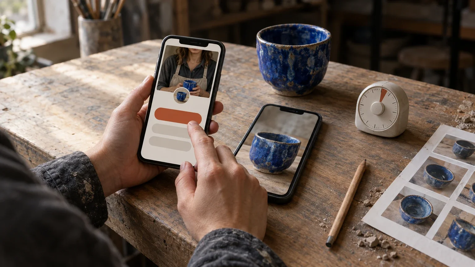 AI generated editorial image of a ceramics creator checking a text-free phone page beside a second phone showing a blue cup, the matching cup and a small timer.