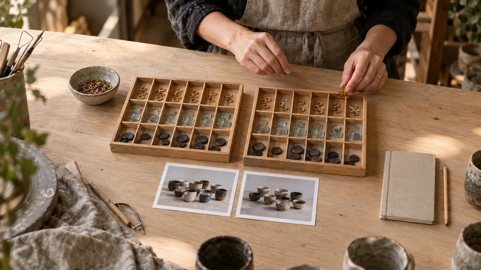 AI generated editorial image of a ceramic creator sorting three kinds of objects into two seven-column trays, with an amber clip and paired photographs marking a change.
