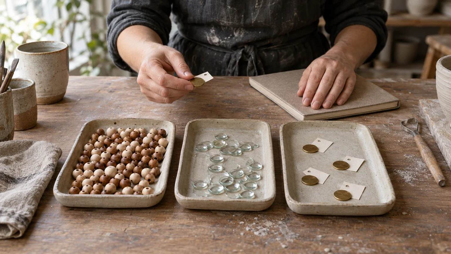 AI generated editorial image of a ceramic artist reviewing three separate trays of wooden beads, glass discs and brass tokens beside an unmarked record book on a studio table.