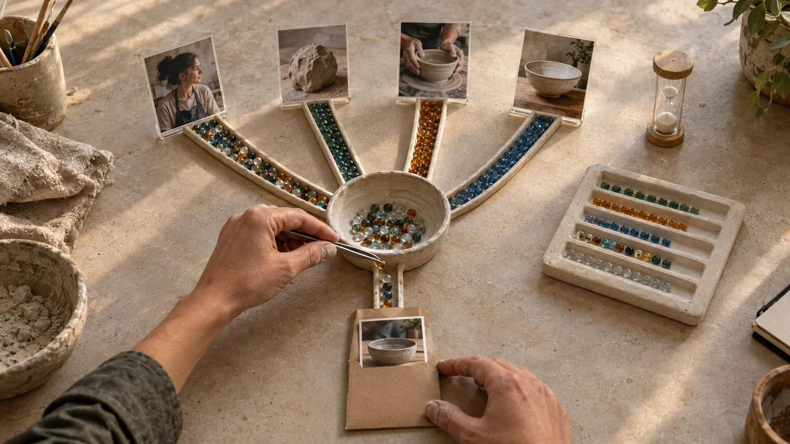AI generated editorial image of a tabletop link-tracking model, with colored bead routes from pottery Story photos and a shared profile portrait converging at a ceramic tray and continuing to one booklet.