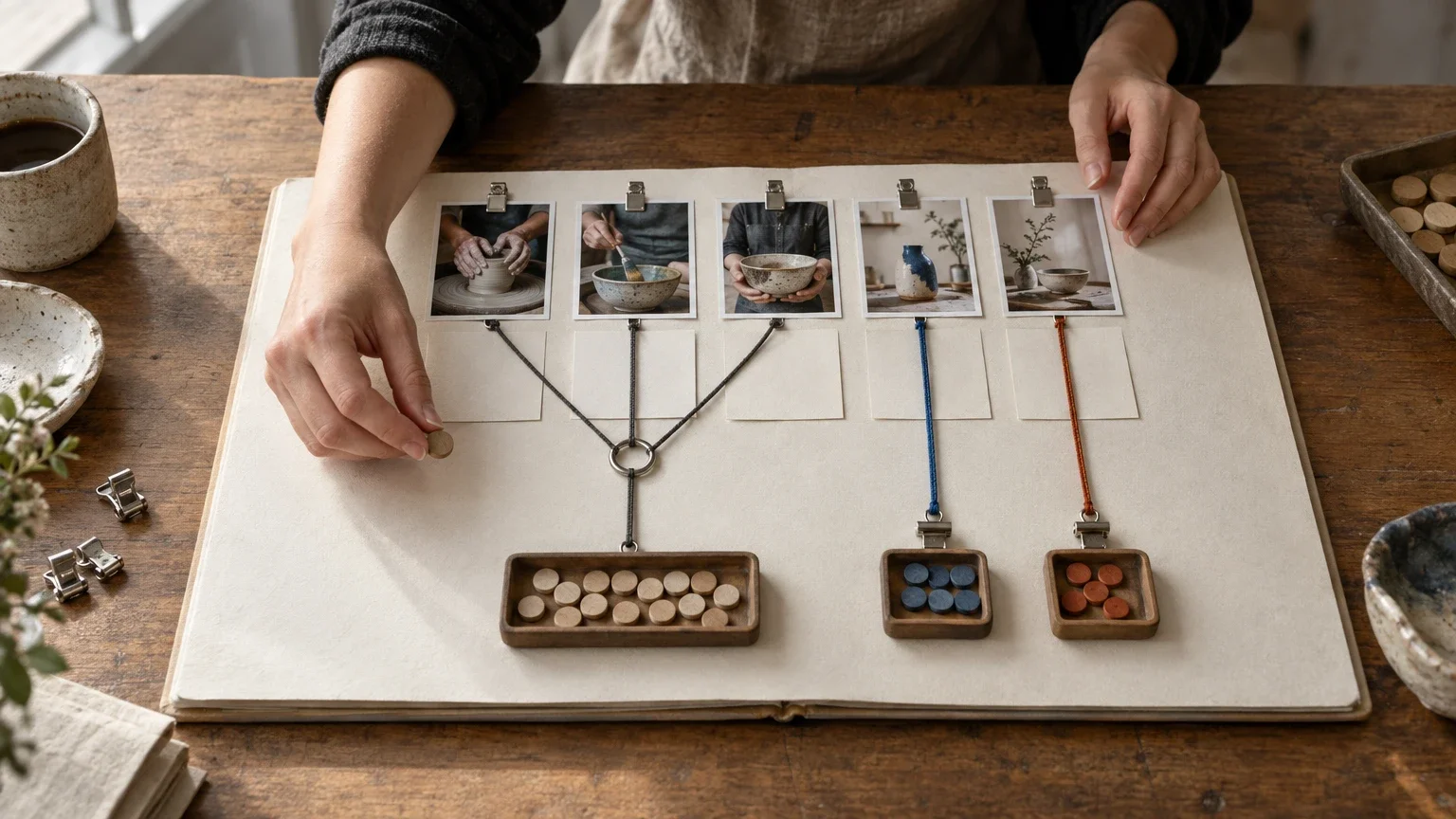 AI generated editorial image of hands arranging creator photo prints and cords on a planning table, with three routes merging into one shared tray and two routes remaining separate.