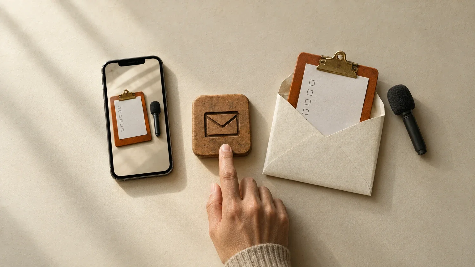 AI generated editorial image of a phone showing an orange interview clipboard, a hand touching an envelope-symbol tile, and the matching checklist clipboard inside an open envelope.