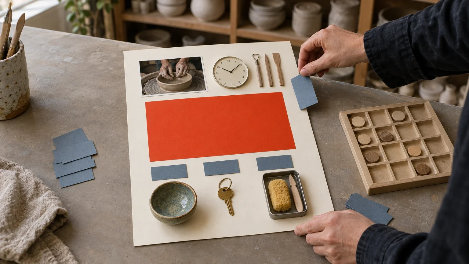 AI generated editorial image of hands arranging a text-free workshop launch-page mockup with one large red rectangle, three smaller blue tabs, pottery, a key and clay tools.