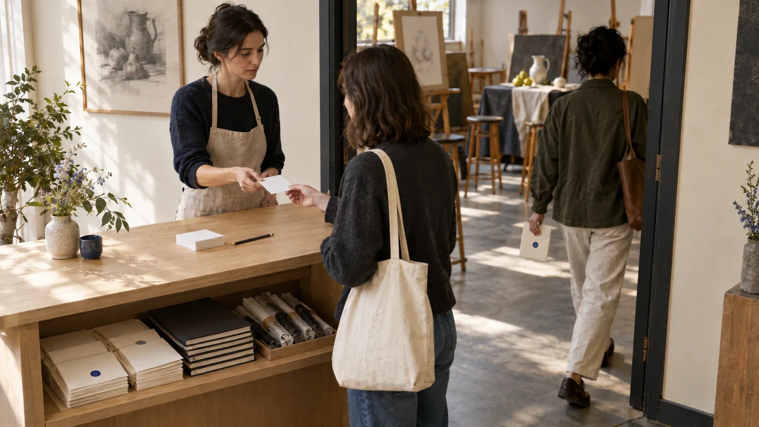 AI generated editorial image of a drawing workshop host offering a blank registration card while a returning attendee collects an art kit from a separate shelf beside the studio entrance.
