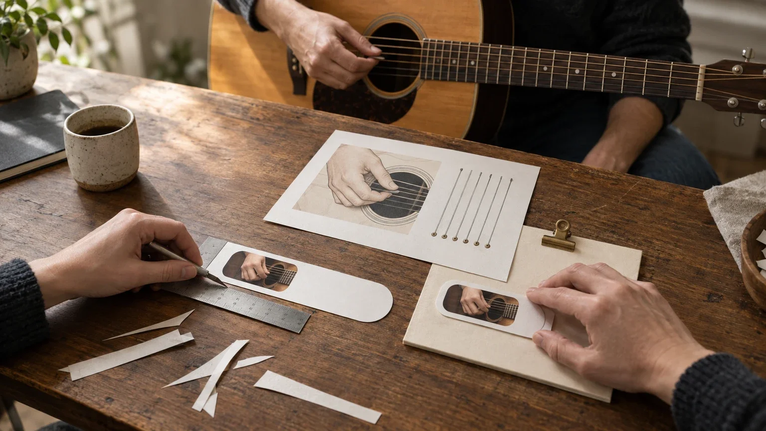 AI generated editorial image of an editor trimming a paper button mockup beside a fingerpicking reference sheet while a guitar educator demonstrates the matching hand position.