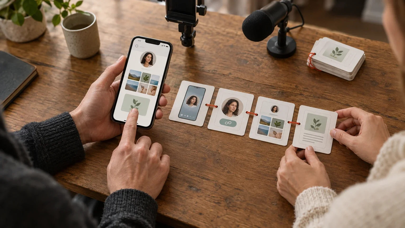 AI generated editorial image of two people planning a phone-navigation recording with a smartphone, four illustrated route cards and a small microphone on a wooden table.