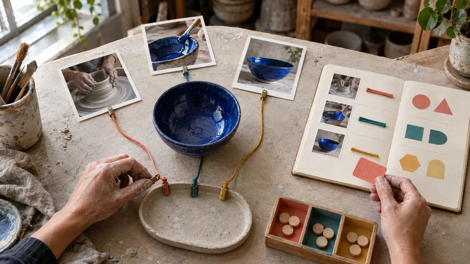 AI generated editorial image of clay-dusted hands arranging three pottery photographs, color-coded cords and a visual ledger around one blue ceramic bowl.