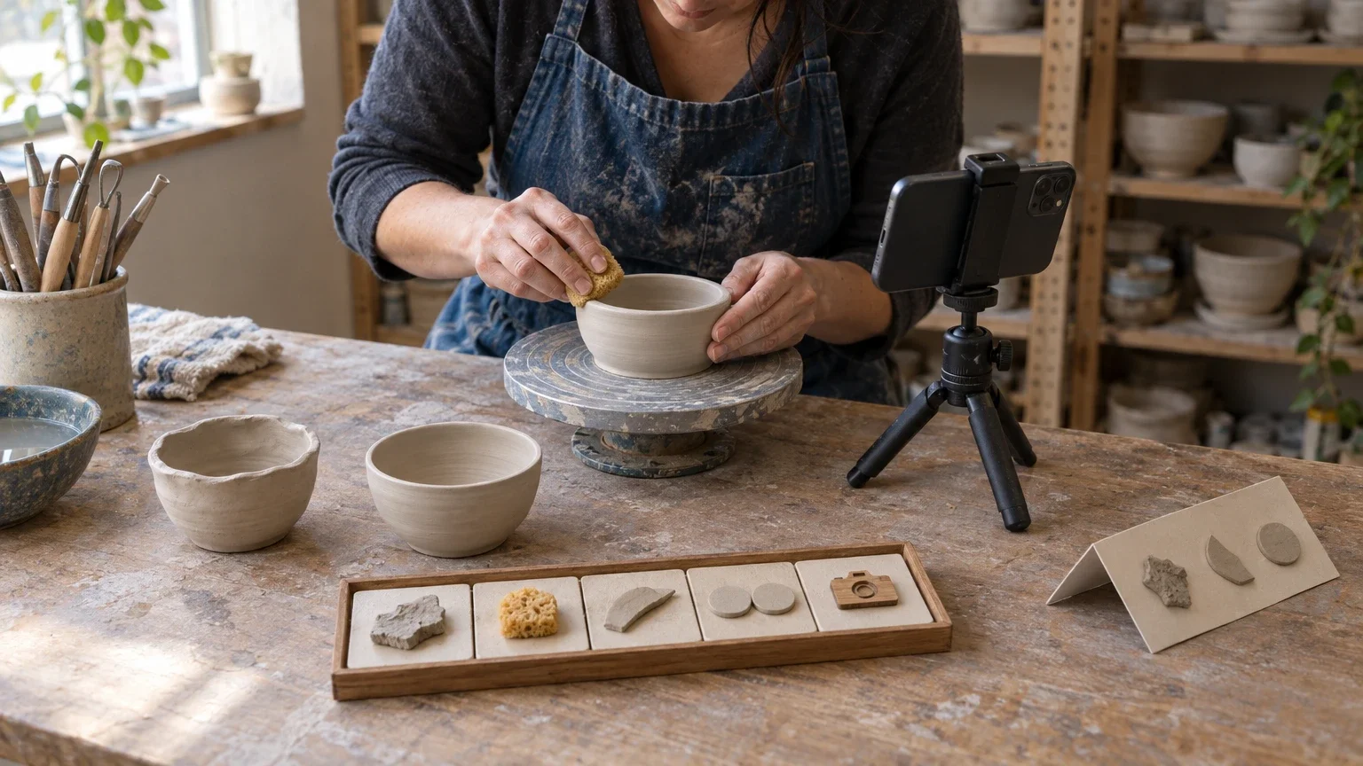 AI generated editorial image of a ceramics educator preparing a filmed bowl-rim demonstration beside contrasting clay bowls, a phone tripod and a tactile planning card.
