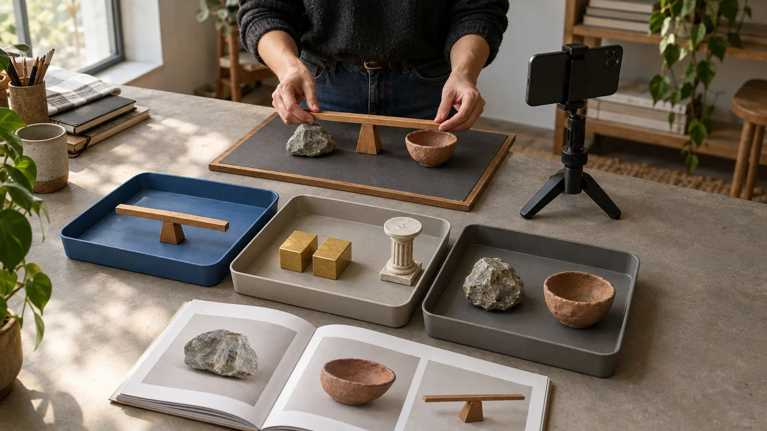 AI generated editorial image of an educator sorting demonstration objects into three trays beside a phone filming setup and an open illustrated practice booklet.