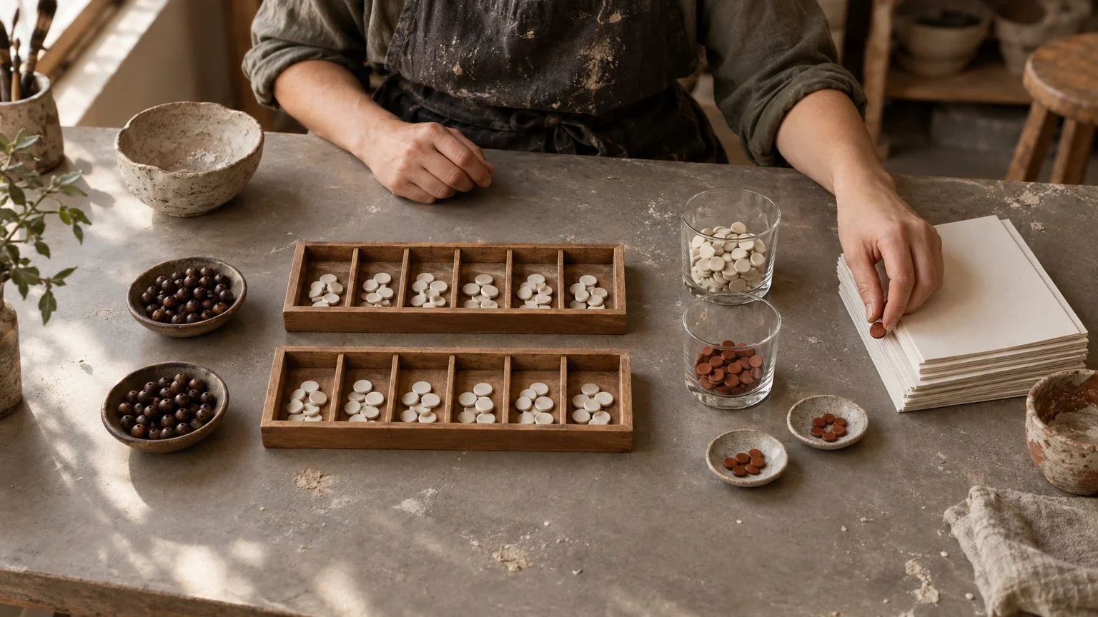 AI generated editorial image of a ceramics creator comparing counters in paired weekly sorting trays beside separate bead dishes, glass vessels, a handmade bowl and blank workshop handouts.