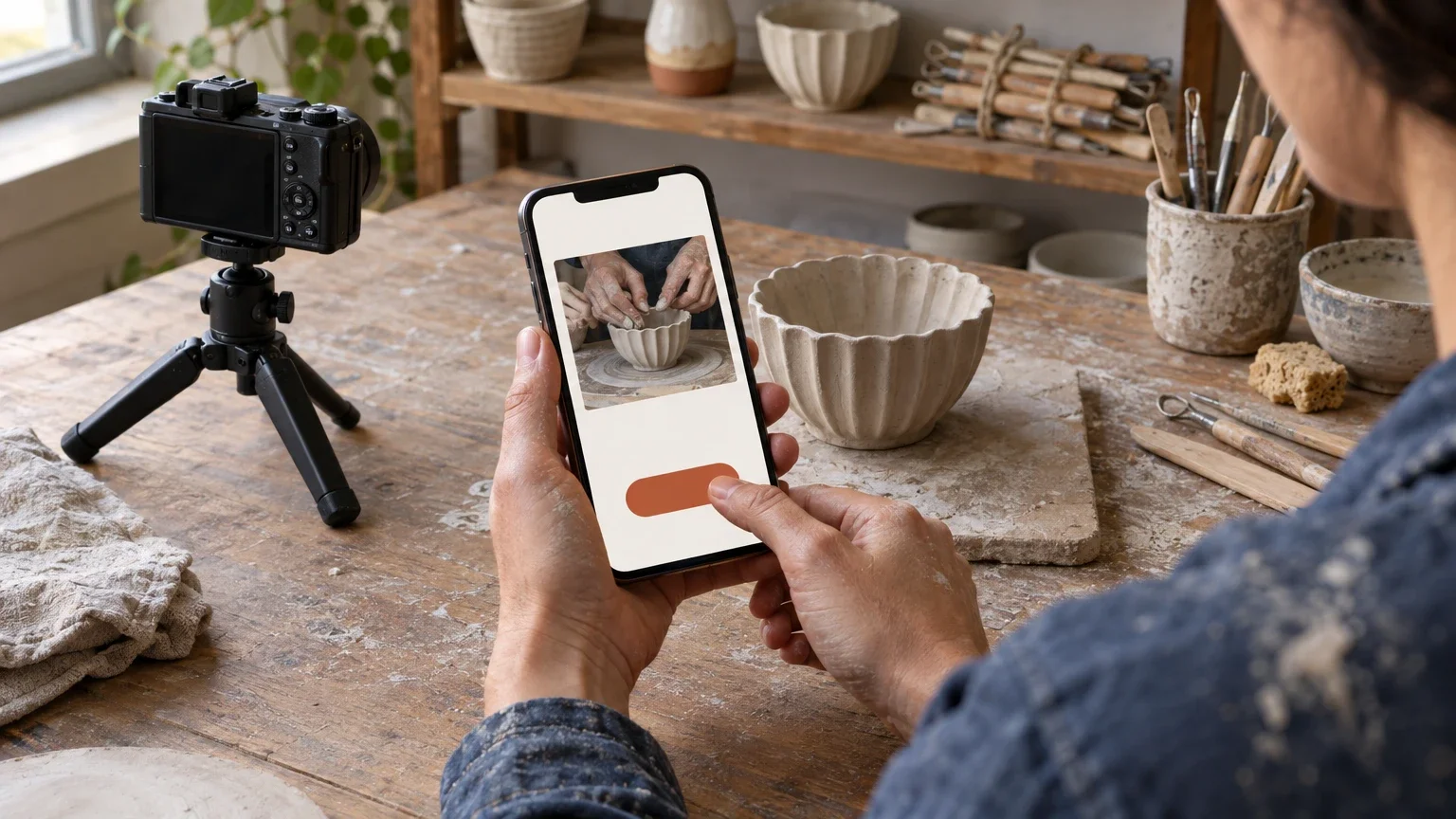 AI generated editorial image of a pottery creator holding a phone with a simple mobile page and one button beside a matching clay bowl and a small filming camera.